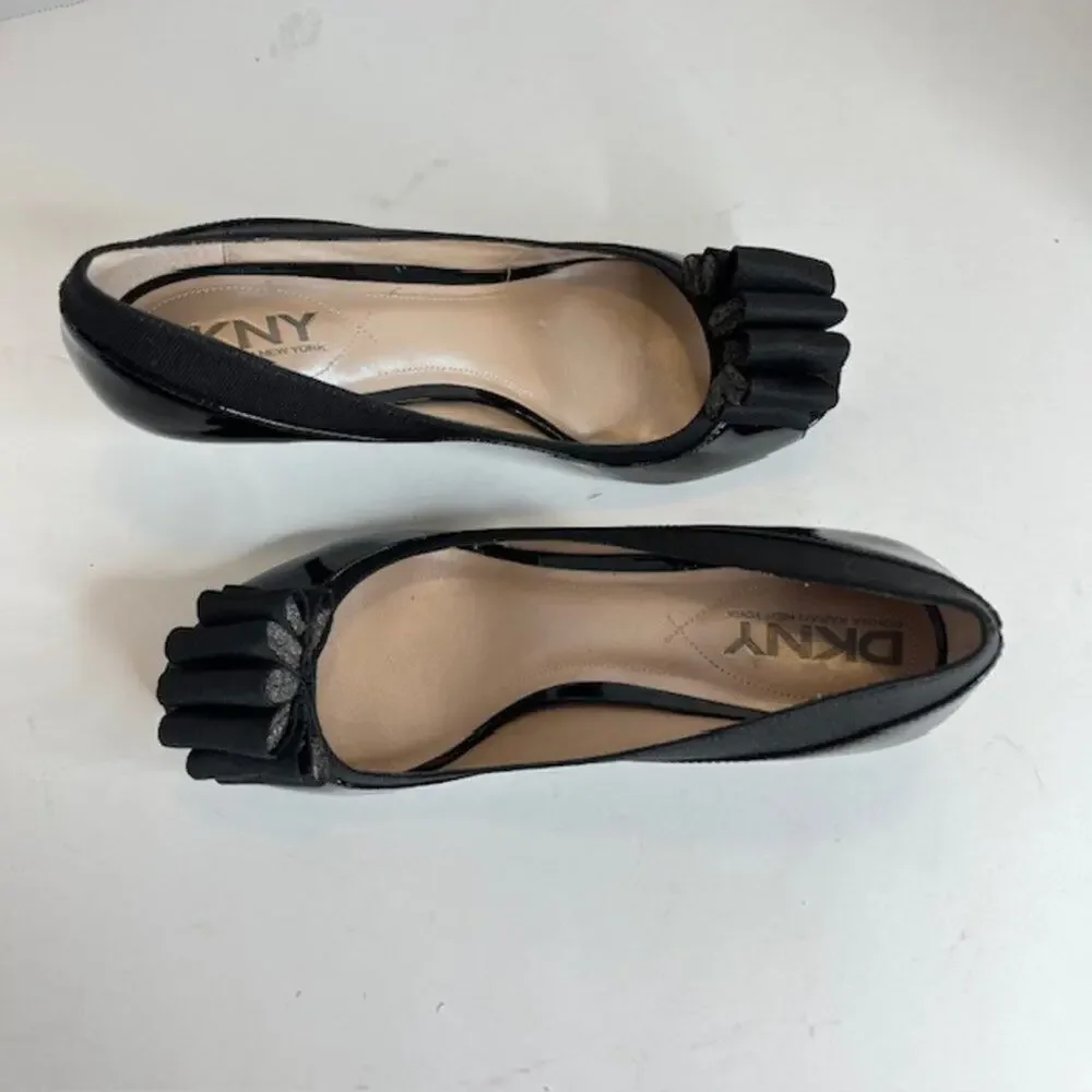 DKNY Black Patent Peep Toe Bow Heels Size 9 Elegant Feminine NWOB